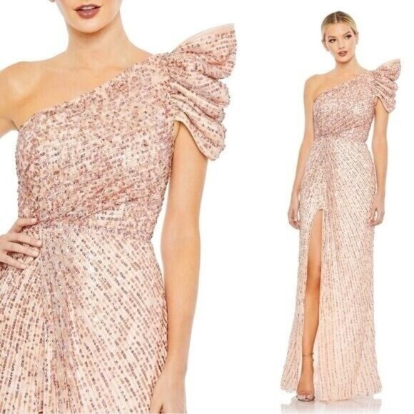 NWT MAC DUGGAL‎ 5622 EMBELLISHED PUFF SLEEVES ONE SHOULDER GOWN IN APRICOT - Picture 1 of 10